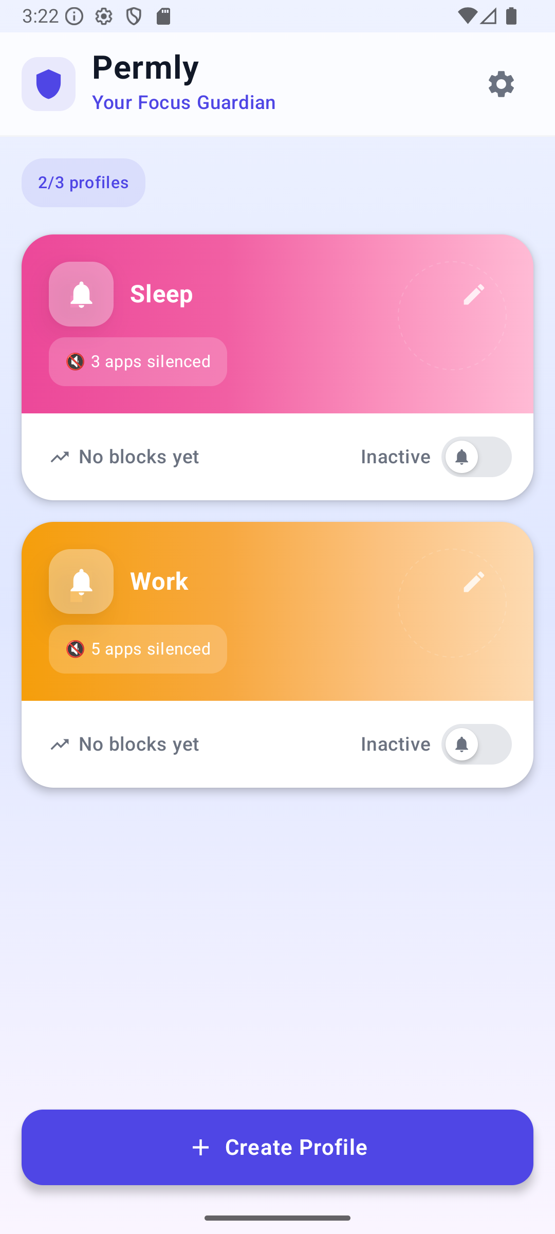 Permly home screen showing notification profiles