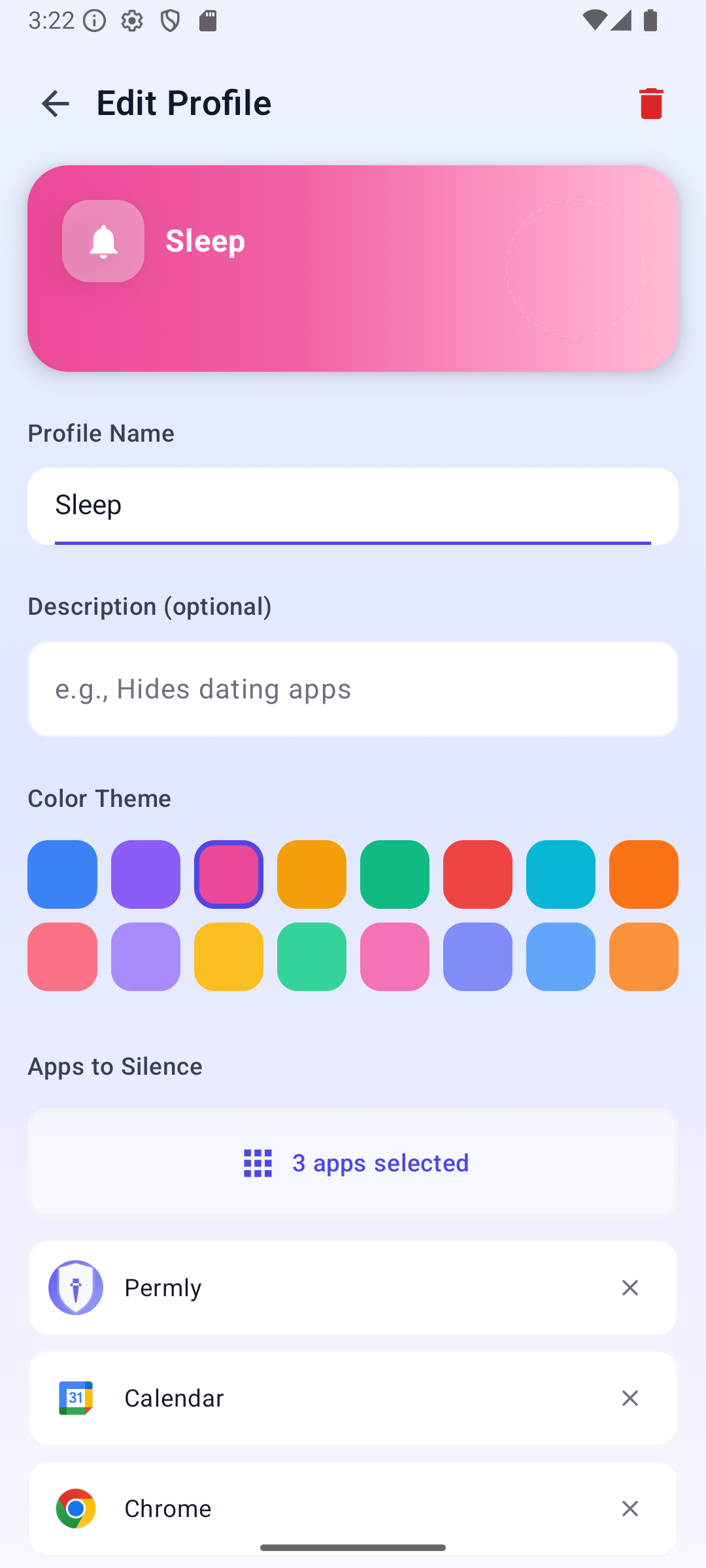 Permly profile editing screen — select apps to mute
