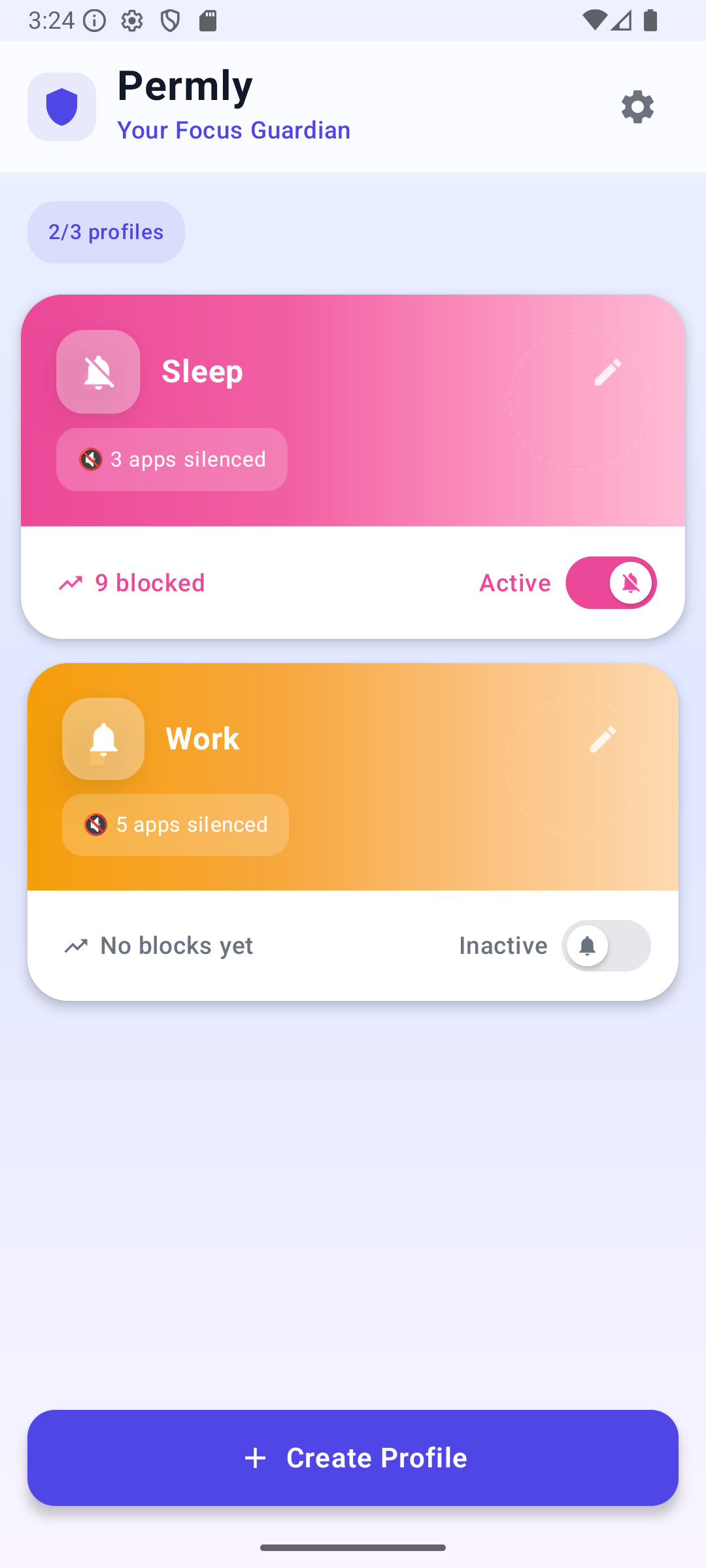 Permly active profile screen — profile is running